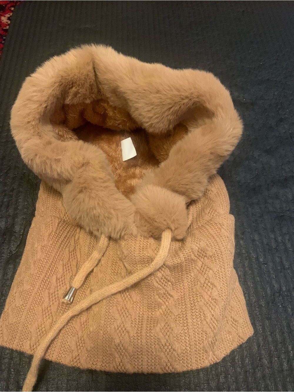 Cable-Knit Faux Fur Trim Hooded Hat - Camel